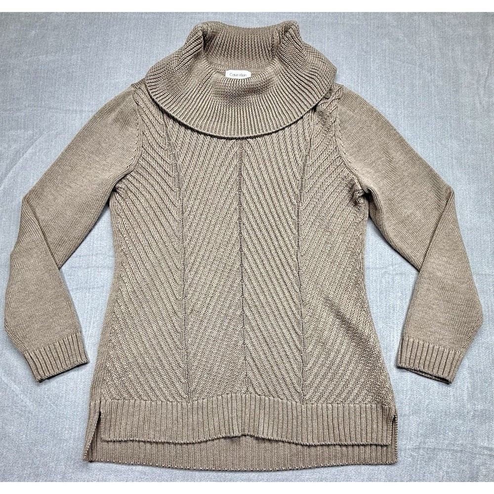 Calvin Klein Cable Knit Cowl Neck Sweater Women Size Large Brown Taupe Casual